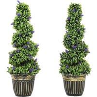 HOMCOM Set of 2 Decorative Artificial Plants, Boxwood Spiral Topiary Tree with Lavender and Pot, Fake Plants for Home Indoor Outdoor Decor, 90cm