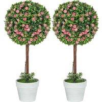 HOMCOM Set of 2 Decorative Artificial Plants, Ball Topiary Tree with Rose Flower in Pot, Fake Plants for Home Indoor Outdoor Decor, 60cm, Pink