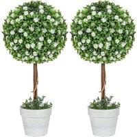 HOMCOM Set of 2 Decorative Artificial Plants, Ball Topiary Tree with Rose Flower in Pot, Fake Plants for Home Indoor Outdoor Decor, 60cm, White