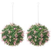 HOMCOM Set of 2 Artificial Plant Topiary Balls, UV-protected Fake Decorative Plants, Pink