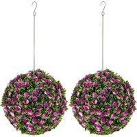 HOMCOM Set of 2 Decorative Artificial Plants, UV-protected Artificial Plant Topiary Rose Balls for Home Indoor outdoor Decor, 28cm, Purple