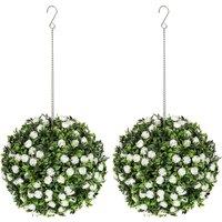 HOMCOM Set of 2 Decorative Artificial Plants, UV-protected Artificial Plant Topiary Rose Balls, Fake Plants for Home Indoor outdoor Decor, 28cm, White