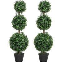 HOMCOM Set of 2 Decorative Artificial Plants, Topiary Ball-shaped Boxwood Trees in Pot, Fake Plants for Home Indoor outdoor Decor, 100cm, Green