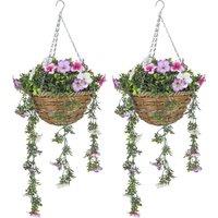 HOMCOM Set of 2 Decorative Artificial Plants, Faux Silk Azalea Flowers in Hanging Baskets, Fake Plants for Home Indoor Outdoor Decor, Pink and White