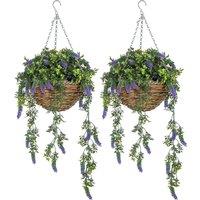 HOMCOM Set of 2 Decorative Artificial Plants, Faux Silk Lavender Flowers in Hanging Baskets, Fake Plants for Home Indoor Outdoor Decor, Purple
