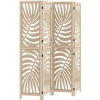 HOMCOM 4 Panel Privacy Screens, Detachable Folding Room Divider with Palm Leaf Design for Home Office, Natural Wood Finish