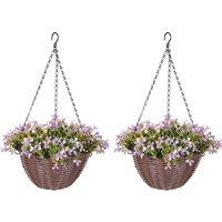 HOMCOM Artificial Flowers in Basket Set of 2, Artificial Hanging Baskets with 75 Leaves and 15 Flowers in Pot, Decorative Plant for Home Office Decor, Purple