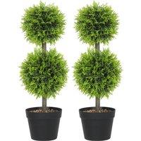 HOMCOM Set of 2 Decorative Artificial Plants, 60cm Faux Topiary Cypress Ball Trees with Plastic Pot and Pebbles, Fake Plants for Home Office Decor, Green