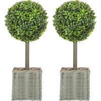 HOMCOM Set of 2 Decorative Artificial Plants, 50cm Faux Boxwood Topiary Balls with Woven Plastic Pot and Pebbles, Fake Plants for Home or Office Decor, Green