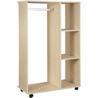 HOMCOM Open Wardrobe on Wheels, Bedroom Wardrobe with Clothes Hanging Rail, 3 Storage Shelves, Mobile Garment Rack for Cloakroom, Hallway, Maple Wood-Effect