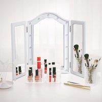 HOMCOM Lighted Vanity Mirror, Trifold Freestanding Tabletop Cosmetic Mirror with 16 LED Lights, Battery Operated, Foldable, White Aosom UK