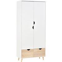 HOMCOM 2-Door Clothes Wardrobe w/ Rail Shelf 2 Drawers Wood Feet Elegant Home Storage Organisation Furniture Dresses Coats Blankets White Aosom UK