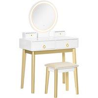 HOMCOM Dressing Table Set with Mirror, Built-in 3 Color LED Light, Vanity Makeup Table with 4 Drawers and Cushioned Stool for Bedroom, White
