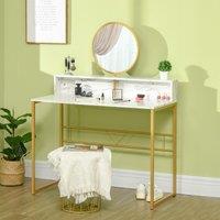 HOMCOM Vanity Dressing Table with Round Mirror, Modern Makeup Desk with Open Storage, Faux Marble & Steel Frame for Bedroom, White Aosom UK