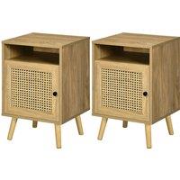 HOMCOM Bedside Table with Rattan Element, Side End Table with Shelf and Cupboard, 39cmx35cmx60cm, Set of 2, Natural