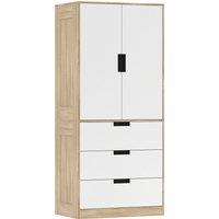 HOMCOM Modern Clothes Storage Cupboard Unit, 3 Drawer 2 Door Wardrobe with Hanging Rod, Oak