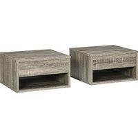 HOMCOM Set of Two Floating Bedside Tables Wall Mounted Nightstands with Drawer and Shelf for Bedroom, Brown Wood-Effect Aosom UK