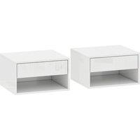 HOMCOM Set of Two Floating Bedside Tables, Wall Mounted Nightstand with Drawer and Open Shelf, High Gloss White