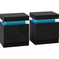HOMCOM Black Bedside Table with LED Light, High Gloss Front Nightstand with 2 Drawers, for Living Room, Bedroom, Set of 2