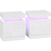HOMCOM White Bedside Table with LED Light, High Gloss Front Nightstand with 2 Drawers, for Living Room, Bedroom, Set of 2