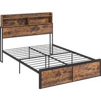 HOMCOM Industrial Double Bed Frame, 4.8FT Steel Bed Base w/ Storage Headboard, Footboard, Under Bed Storage, 145 x 209cm, Rustic Brown