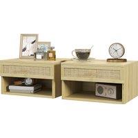 HOMCOM Set of Two Rattan Panel Floating Bedside Tables - Wood-Effect Aosom UK