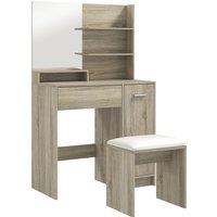 HOMCOM Dressing Table and Stool Set, with Storage - Natural Wood Finish
