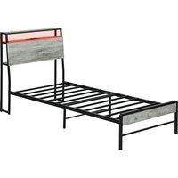 HOMCOM Single Steel Bed Frame, with LED Lights and Headboard Shelf - Grey Aosom UK