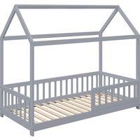 HOMCOM House-Shaped Kids Bed Frame with Guard Rails, Solid Pine Wood Single Bed Frame for Kids Boys and Girls, Grey
