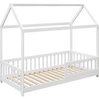 HOMCOM House-Shaped Kids Bed Frame with Safety Fence, Solid Pine Wood Single Bed Frame for Kids Boys and Girls