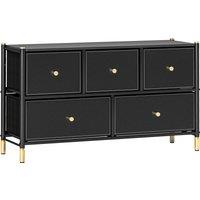 HOMCOM Chest of Drawers, 5 Drawer Fabric Dresser with PU Leather Surface, Steel Frame, Storage Organizer Unit for Bedroom Black Aosom UK