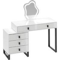 HOMCOM LED Lighted Dressing Table with Leaf Shape Mirror, Modern Vanity Desk with 5 Drawers, Makeup Desk with Fluted Panels, White