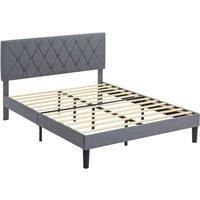 HOMCOM Double Bed Frame with 5-Level Adjustable Linen Upholstered Headboard, Wooden Slats Mattress Foundation, No Box Spring Needed, Grey Aosom UK