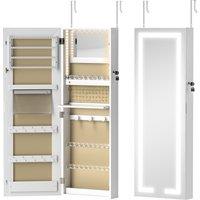 HOMCOM LED Mirror Jewellery Cabinet, Wall Mounted Full Length Mirror with Storage, Lockable Jewellery Organiser, White