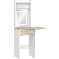 HOMCOM Small Vanity Desk with Mirror and LED Lights, Compact Dressing Table with Drop Leaf, Open Shelves and Drawer, White