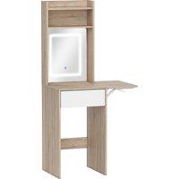 HOMCOM Small Vanity Desk with Mirror and LED Lights, Compact Dressing Table with Drop Leaf, Open Shelves, Natural Wood