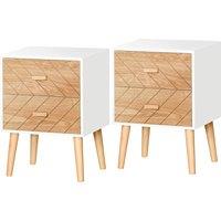 HOMCOM Wooden Bedside Table Set: 2 Nightstands with Drawers & Pine Legs, Natural Wood Storage Aosom UK