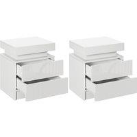 HOMCOM White Bedside Table with LED Light, High Gloss Front Nightstand with 2 Drawers, for Living Room, Bedroom