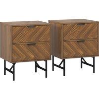 HOMCOM Bedside Table Set of 2 with 2 Drawers, Modern Side Tables with Herringbone Pattern and Metal Legs for Bedroom, Living Room, Walnut Brown