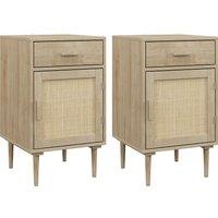 HOMCOM Bedside Tables Set of 2, Rattan Side Tables with Drawer, Cabinet and Adjustable Shelf, Boho Bedside Cabinets with Storage for Bedroom, Living Room, Natural Wood Finish