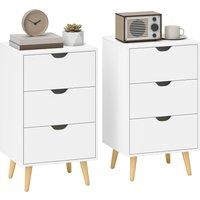 HOMCOM Set of 2 Bedside Tables, Modern Nightstand Side End Table with 3 Storage Drawers and Solid Pine Wood Legs for Bedroom Living Room Entryway, White
