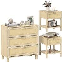 HOMCOM Chest of Drawer and Nightstands, Boho Rattan Furniture Set, Nature Wood Finish