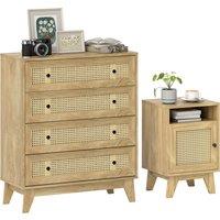 HOMCOM Chest of Drawer with 4 Rattan Drawers, Beside Table with Door, Natural