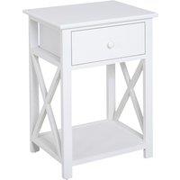 HOMCOM Traditional Accent End Table With 1 Drawer,X Bar Bottom Storage Shelf, for Living Room Bedroom Room 40L x 30W x 55H cm - White
