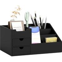 HOMCOM Desk Organiser Holder, Bamboo Multi-Function Storage Caddy with 7 Storage Compartments and 2 Drawers for Home Office Stationary Supplies, Black