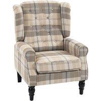 HOMCOM Wingback Accent Chair, Linen-Look Fabric Armchair with Thick Spring Cushion, High Back, Khaki Plaid