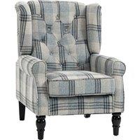 HOMCOM Faux Linen Armchair with Thick Spring Cushion, Wingback Accent Chair with High Back, Solid Wood Legs, Mixed Plaid