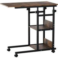 HOMCOM Industrial C-Shaped End Tables, Mobile Overbed Table with 3-Tier Storage, Adjustable Height, Wheels, Brown Aosom UK