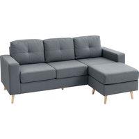 HOMCOM 3 Seater Sofa with Footstool, Fabric L-Shaped Sofa, Sectional Couch with Wood Legs, Tufting Cushioned Back for Small Space, Living Room, Office, Dark Grey