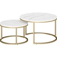 HOMCOM 2 Pcs Stacking Coffee Table Set Nesting Tables with Steel Frame for Living Room Marble White/Gold
